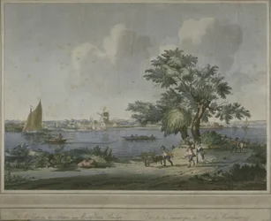 Veduta di figure che trasportano verdure lungo la riva del Tamigi, 1787
